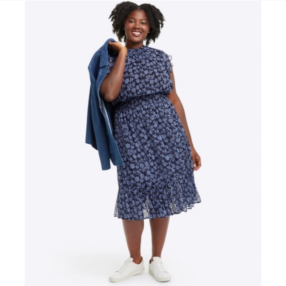 Draper James Kacey Faux Wrap Navy Blue Floral Ruffle Smocked Midi Dress Size 2X